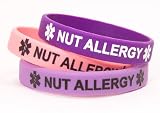Nut Allergy Medical I.D. Bracelet Lot of 3 Silicone Bracelets Pink, Light and Dark Purple