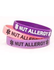 Jewelry: Nut Allergy Medical I.D. Bracelet Lot of 3 Silicone Bracelets Pink, Light and Dark Purple Regular Adult (7 inch) - Cute Medical Bracelets