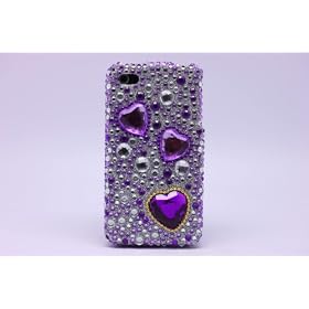 Premium Bling Luxurious Design Diamond Crystal Snap-on Case for Apple iPhone 4, iPhone4, Large Purple Hearts