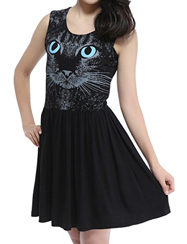 ELLAZHU Women Black Cat Printing Sleeveless Long Top Dress Shirt HG23
