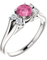 18K White Gold 5.00mm Round Cut Chatham Created Pink Sapphire and Diamond Ring -- LIFETIME WARRANTY