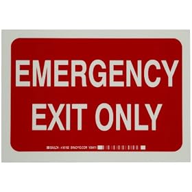 Brady 90102 B-324 7" Height, 10" Width, Glow-In-The-Dark Self-Stick Polyester Green On Red Color Exit And Directional Sign, Legend "Emergency Exit Only"