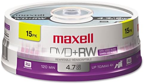 Maxell DVD+RW Discs, 4.7GB, 4x, Spindle, Silver, 15/Pack