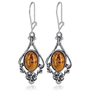Vintage Style Oval Amber Sterling Silver Ear Wire Drop Earrings