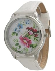 Geneva Floral Face Watch with Leather Band - White!