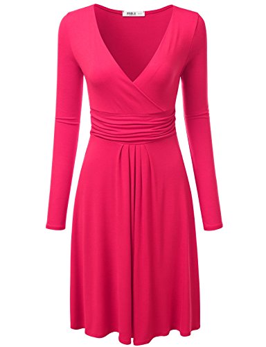 NINEXIS Women's Long Sleeve V-Neck Crossover Banded-Waist Skater Dress (S-3XL)