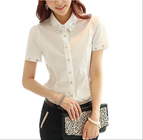 さわやか 半袖 ビジュー ブラウス レディース 夏 通勤 通学 ホワイト パール 白 紫 緑 水色 M L