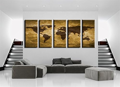 Damenight Modern Canvas Wall Art Painting for Home Decor Wonders of the World map on Grunge Texture Canvas Wall Art Stretched and Ready to Hang Map the Picture for Home Decor,5pcs/set