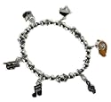 Silver Tone Bead Stretch Music Theme Charm Bracelet with Notes, Grand Piano, French Horn, Drum, Violin Charms