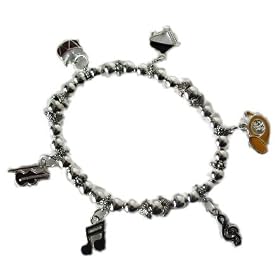 12 Silver Tone Bead Stretch Music Theme Charm Bracelets with Notes, Grand Piano, French Horn, Drum,...