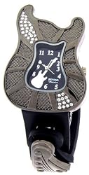 Guitar Dark Steel Gem Stone Case Black Dial Head Stock Thin Leather Band Wrist Watch