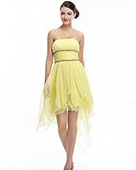 A-line Strapless High-Low-Hem Beaded Lace Chiffon Prom Dress 