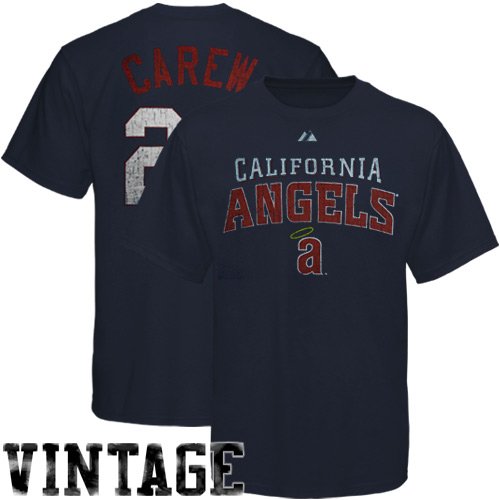 Majestic Rod Carew California Angels #29 Old-School Hero Premium T-shirt - Navy Blue (Medium)