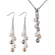 Multi-strands Silver Heart Crystal Multi-color Cultured Pearl Lariat with Multi-color Dangle Earrings Set