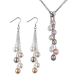 Multi-strands Silver Heart Crystal Multi-color Cultured Pearl Lariat with Multi-color Dangle Earrings Set