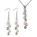 Multi-strands Silver Heart Crystal Multi-color Cultured Pearl Lariat with Multi-color Dangle Earrings Set