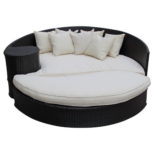 LexMod Taiji Outdoor Rattan Daybed with Ottoman, Espresso with White Cushions