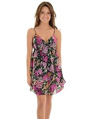 Floral Print Elasticized Empire   Waistline Chiffon/Leather/Polyester  Dress