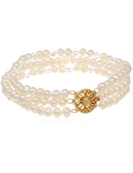 3 Row White Potato Freshwater Cultured Pearl and Swarovski Element Crystal Aurora Borealis Bicone with Gold Over Sterling Silver Clasp Bracelet,7.5"