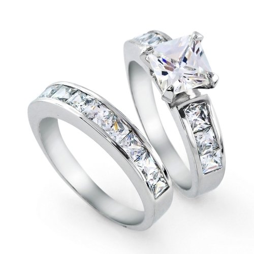 Bling Jewelry Sterling Silver Princess Cut Diamond CZ Engagement Wedding Ring Set