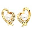 18K Yellow Gold White Akoya Pearl and Diamond Heart Earrings