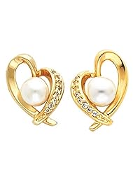Pair of 14K Yellow Gold Heart Earl and Diamond Heart Earrings -- LIFETIME WARRANTY