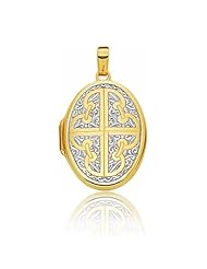 14K 2 Tone Gold Oval Celtic Cross Locket (26 x 19 mm)
