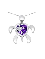 Original Star K (tm) Good Luck Mother and Child Turtle Pendant with Heart Shape Simulated Amethyst in 925 Sterling Silver