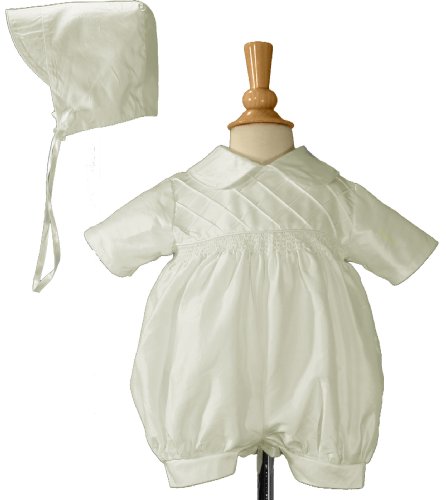White Smocked Silk Christening Baptism Romper, 06