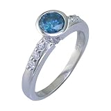 0.80 Ct. Round Cut White & Blue Diamond Engagement Ring With Accent Diamonds In 14k White Gold in Bezel Setting, Available In Sizes 4, 5, 6, 7, 8, & 9.