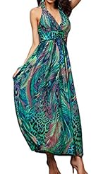 V-neck General Print Plunging Neck Polyester/Spandex Halter Sleeveless Maxi Dress 