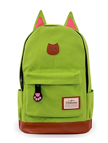 Moolecole Leather & Canvas Backpack School Bag Laptop Backpack with Cat's Ears Design