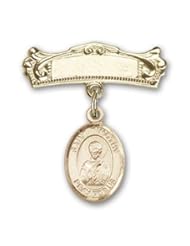 14K Gold Baby Badge with St. Timothy Charm and Arched Polished Badge Pin