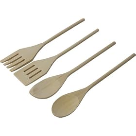 Set of 4 Wood Kitchen Utensils Slot Turner Spatula Fork