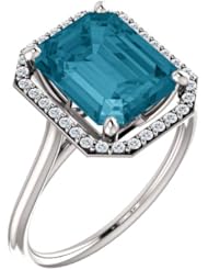 18K White Gold 10.00x8.00mm Emerald Cut London Blue Topaz and Diamond Halo-Style Ring -- LIFETIME WARRANTY