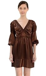 V-neck Shirred  Empire   Waistline Silk Thigh Length  Dress With Ruffles