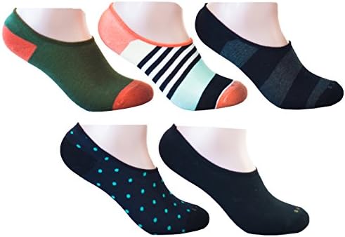 Colorful No-Show Socks by Related Garments, 5 Pack, Will not slide down, fits men size 10-13
