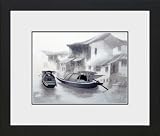 Susho, King Silk Art Handmade Silk Embroidery - Watertown Collection (B&W) Traffic on River - White Mat Framed 27028WF