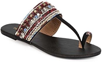 HOTSOLES EB52 Women Leatherette Toe Ring T-Strap Beaded Boho Slip On Sandal - Black (Size: 7.0)