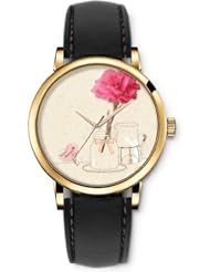 SPRAWL Aanalog Fashion Series Gold Ladies Watches of Genuine Black Leather Strap,Unique Wrist Watch for Women Girls Designed with Red flower in vase