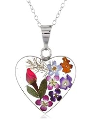 Sterling Silver Pressed Flower Heart Pendant Necklace, 16"