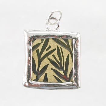 Gold and Green Bamboo Leaves Reversible Square Pendant in Sterling Silver, #9128