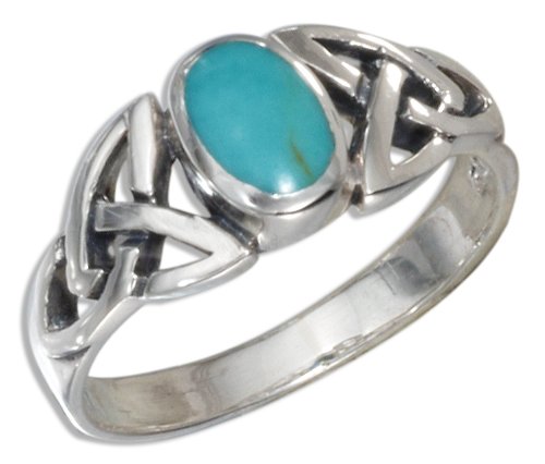 Sterling Silver Genuine Oval Turquoise Ring with Celtic Knots Shank.