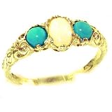 Ladies Solid Yellow Gold Natural Opal & Turquoise English Victorian Trilogy Ring - Finger Sizes 5 to 12 Available