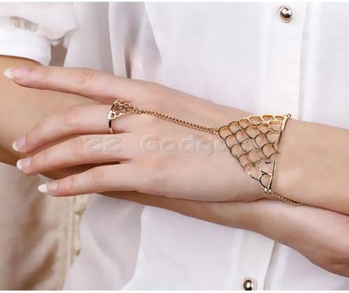 Punk Rock Fish Scale Shape Bracelet With Ring Metal Chain(Gold)