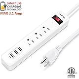 Bestten 3 Outlet Surge Protector Power Strip with Triple 3.1A USB Charging Ports, 3 ft Extension Cord, 300 Joules, ETL Listed, Ideal for Home Office and Travel
