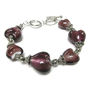 Purple Murano Glass Heart Link Toggle Bracelet Fashion J