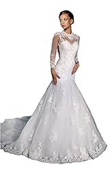 Long Sleeves Tulle Mermaid Lace Applique Jeweled Sheer   Dress with a Chapel Train  With Ruffles