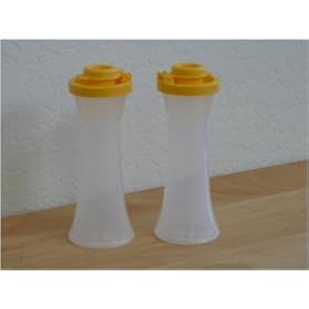 Tupperware Large Hourglass Salt & Pepper Shakers. Golden Seals