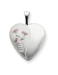 Sterling Silver 16mm Enameled Lily Heart Locket w/ 18in Chain. Metal Wt- 2.4g
